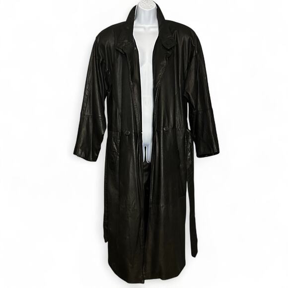 Vintage I.O.U. Leather Collection Black Trench Coat Women's Sz S Belted Duster - Picture 1 of 15